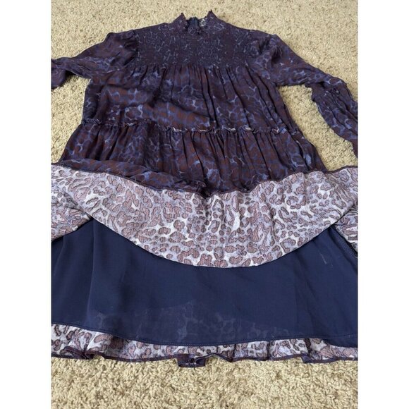 Purple Leopard Print Smocked Mini Dress Long Sleeve High Neck Peasant MEDIUM - Picture 5 of 11